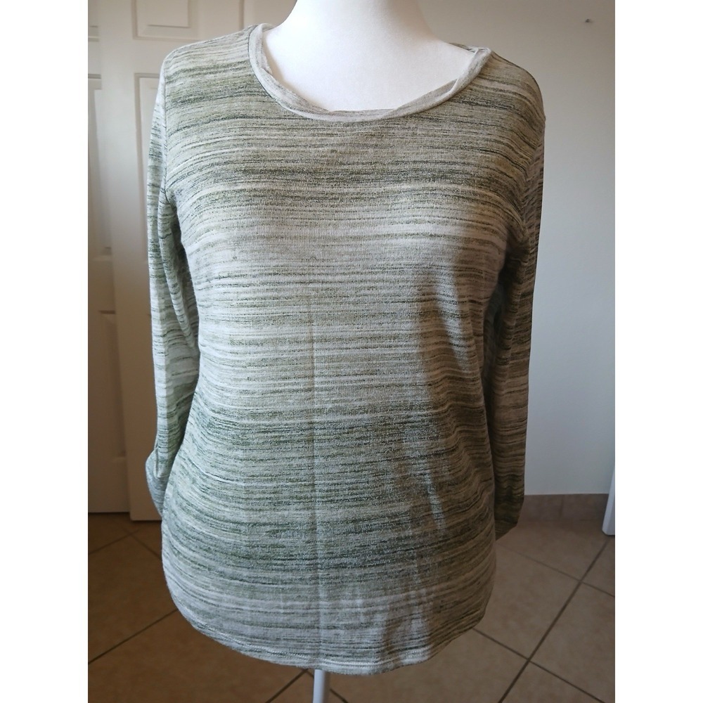 One World Womens Blouse Top Large Green Striped Roll Tab Sleeve Crew Neck‎